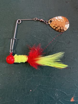 Red and Yellow Hackle Tail w Hammered Brass #2 deep cup Colorado blade (7/32 oz.)
